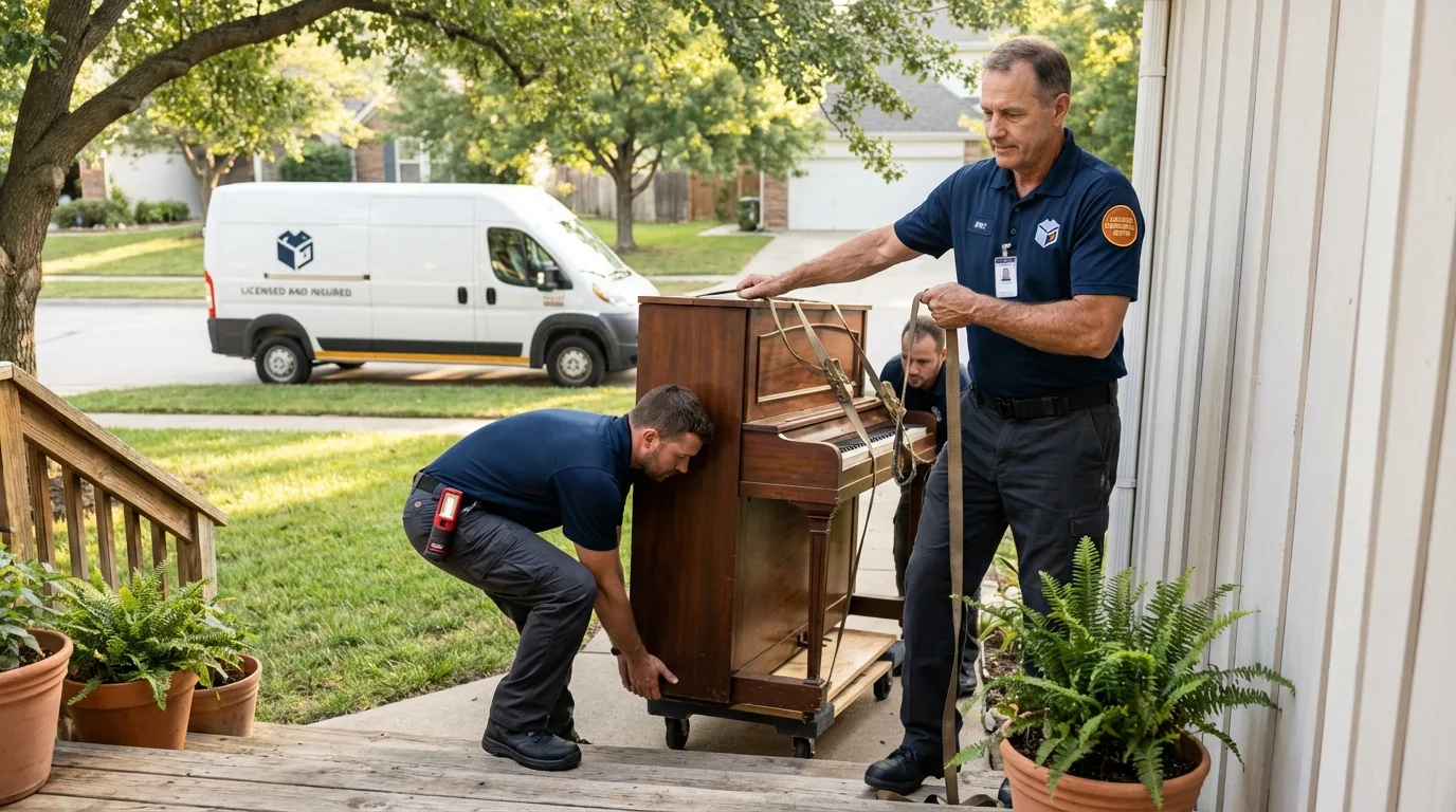 Licensed piano movers securing grand piano in Chicora, PA