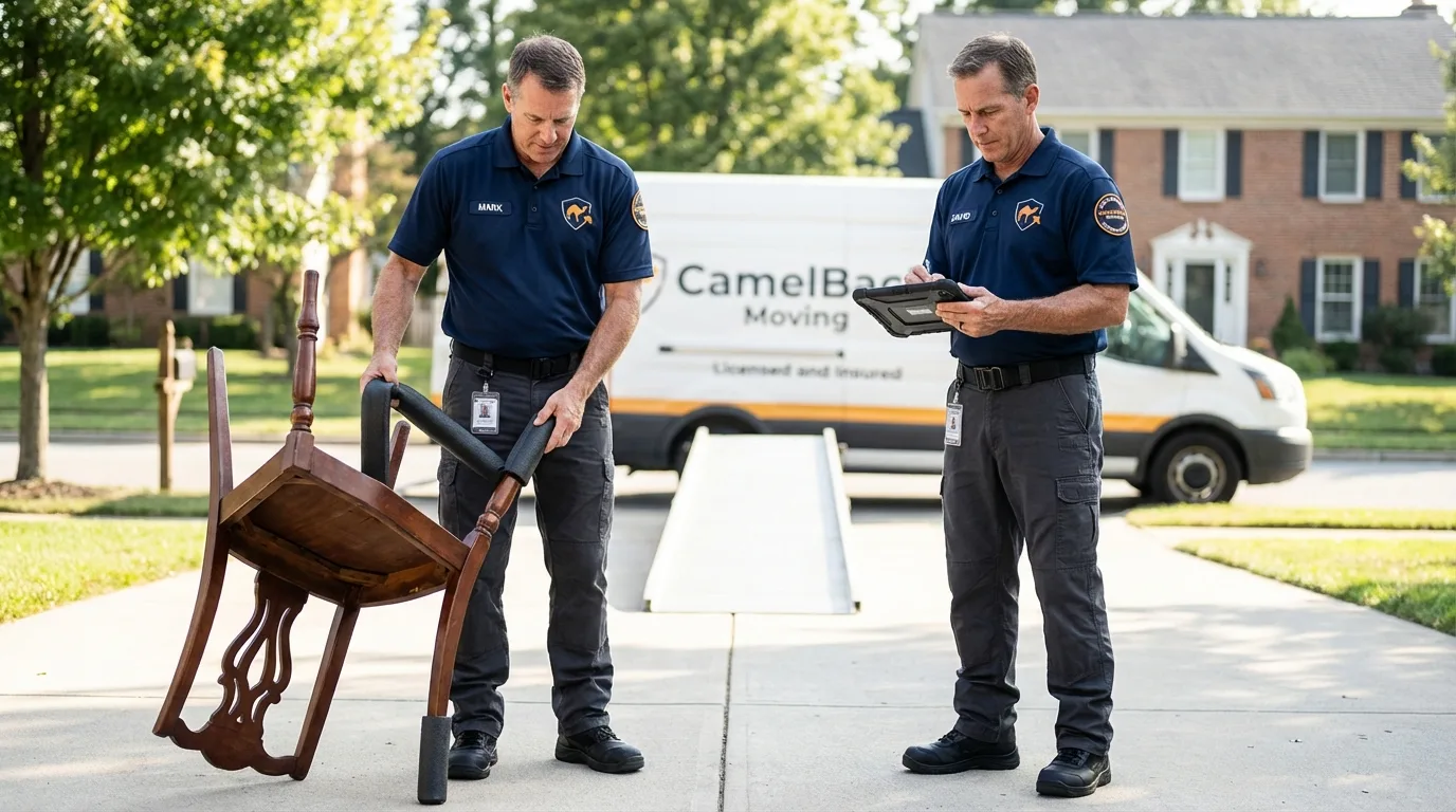 Movers inspecting furniture for damage prevention before loading in Chicora, PA